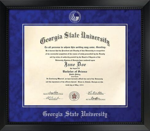 Georgia State University Diploma Frame - Officially Licensed - Matte Black Composite Eco-Friendly Treehugger™ Frame. Royal Blue Suede Mat with Silver Embossed GASU School Seal and Georgia State University Olde English Lettering in Kuwait