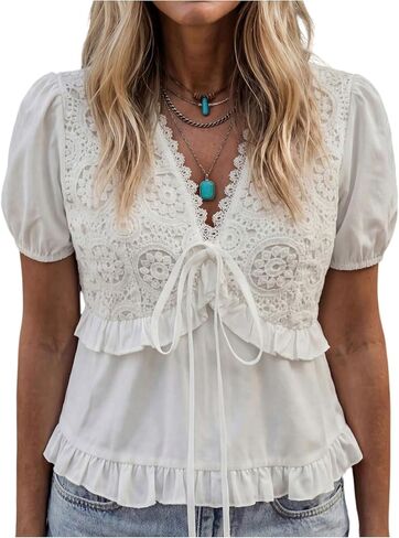 GORGLITTER Women's Floral Embroidered Tie Front Top V Neck Short Puff Sleeve Babydoll Blouse Boho Cute Peplum Tops in Kuwait