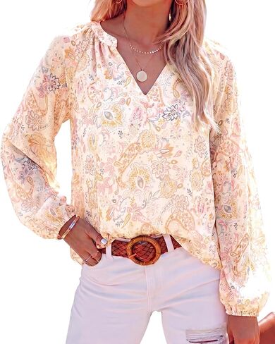 BTFBM Blouses for Women Dressy Casual Floral Summer Boho Tops V Neck Lightweight Long Sleeve Shirts Spring Clothes 2026 in Saudi Arabia
