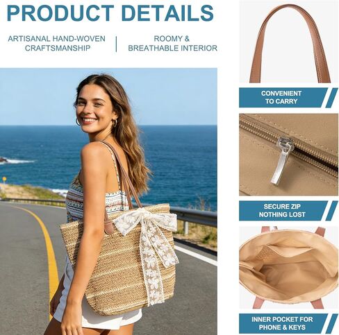 Straw Beach Tote Bag for Women - 2026 Large Handwoven Summer Vacation Purse Zipper for Travel Shopping Essentials in Saudi Arabia