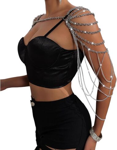 Silver Punk Fringe Shoulder Body Chain Jewelry Multi-layered Tassel Arm Chain Festival Rave Body Chain Summer Beach Back Chain Jewelry for Women Backless in Saudi Arabia