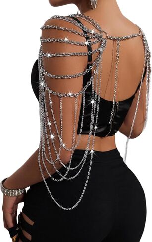 Silver Punk Fringe Shoulder Body Chain Jewelry Multi-layered Tassel Arm Chain Festival Rave Body Chain Summer Beach Back Chain Jewelry for Women Backless in Saudi Arabia