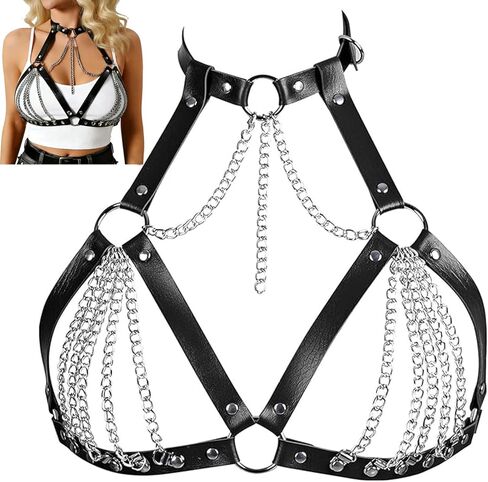Punk Leather Body Chain for Women,Gothic Adjustable Chest Harness&Shoulder Strap Belt Waist Belly Chain,Black Leather Layered Bra Cage Style Valentine'sDay Body Jewelry for Nightclub Party Accessories in Saudi Arabia
