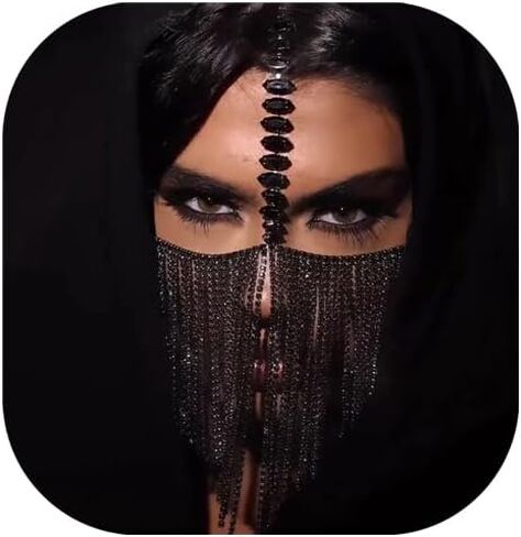 قناع سلسلة وجه بشرابة من حجر الراين الأسود للنساء لحفلات تنكرية للهالوين قلادة قطرة كريستال حجاب إكسسوارات للوجه مجوهرات سلسلة رأس مثيرة in Kuwait
