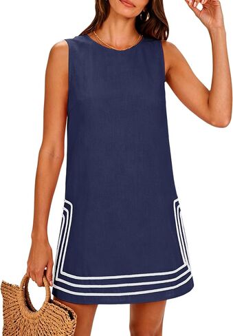 Lentta Womens Summer Boho A-Line Mini Dress Casual Color Block Crewneck Sleeveless Sundress Beach Vacation Dress in Saudi Arabia