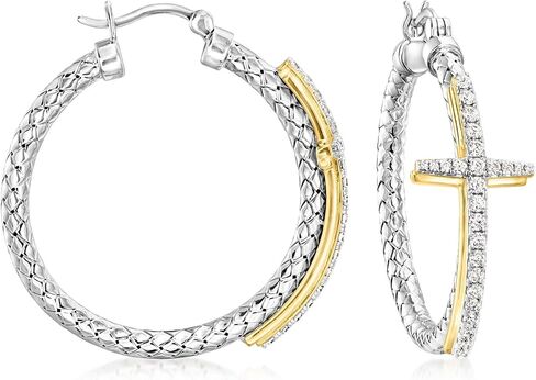 تشارلز غارنييه .80 قيراط. t.w. أقراط CZ Cross Hoop من الفضة الاسترليني مع الذهب عيار 18 قيراطًا فوق الجنيه الاسترليني in Kuwait