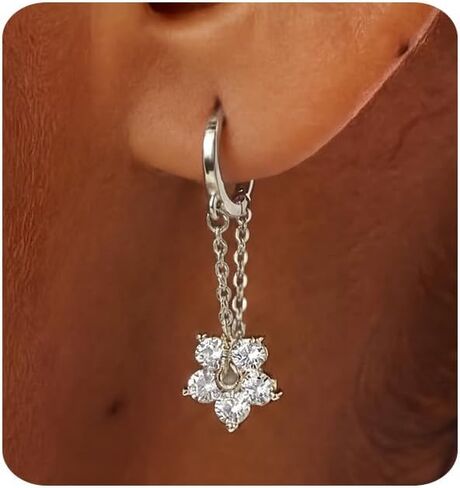 MUMREUES Gold Earrings for Women Trendy 14K Gold Plated Dangle Earrings Small Hoop Huggie Drop Earrings Flower Cubic Zirconia Simple Minimalist Dainty Chain Hypoallergenic Earrings in Saudi Arabia