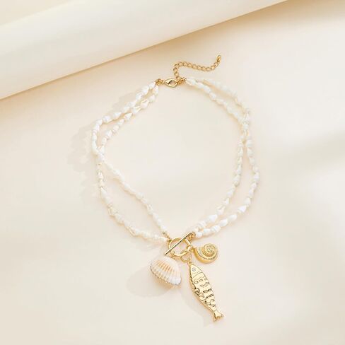 Shell Necklaces for Women Trend Boho Scarf Necklaces Ocean Mermaid Conch Seashell Necklace Summer Gold Fish Necklace Fashion Beach Jewelry in Kuwait