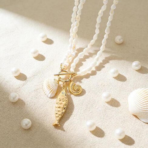Shell Necklaces for Women Trend Boho Scarf Necklaces Ocean Mermaid Conch Seashell Necklace Summer Gold Fish Necklace Fashion Beach Jewelry in Kuwait
