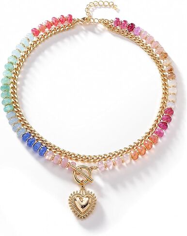 Colorful Acrylic Beaded Necklace For Women, Boho Double Layer Rainbow Beads Thick Cuban Chain Chunky Heart Pendant Statement Choker Summer Beach Jewelry Gift in Kuwait