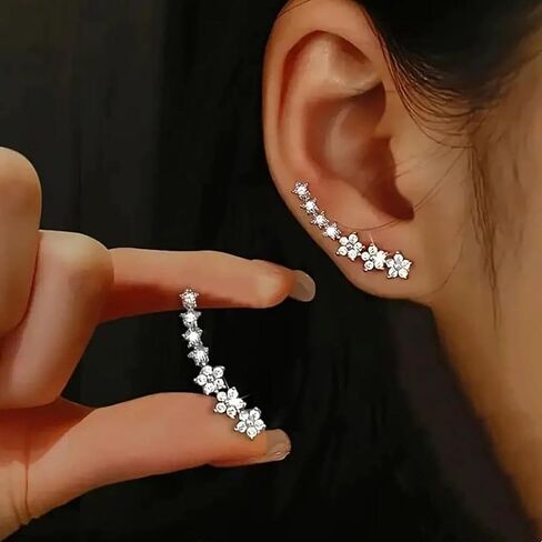 Andelaisi Boho CZ زهرة الأذن متسلق الأقراط خمر كريستال ستار الكفة التفاف الأقراط الفضية العنقودية زهرة الكفة الزاحف القرط الحد الأدنى تشيكوسلوفاكيا الزهور البتلة حلق مجوهرات للنساء in Kuwait