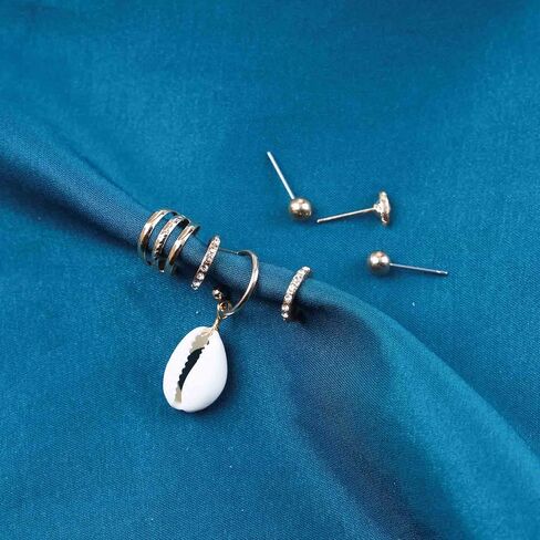 Boho Cowrie Shell Earrings Crystal Circle Ear Cuff Earrings Mini Eye Stud Earrings Gold Ball Earrings Multiple Piercing Earrings Set Jewelry for Women and Girls in Kuwait