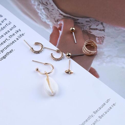 Boho Cowrie Shell Earrings Crystal Circle Ear Cuff Earrings Mini Eye Stud Earrings Gold Ball Earrings Multiple Piercing Earrings Set Jewelry for Women and Girls in Kuwait