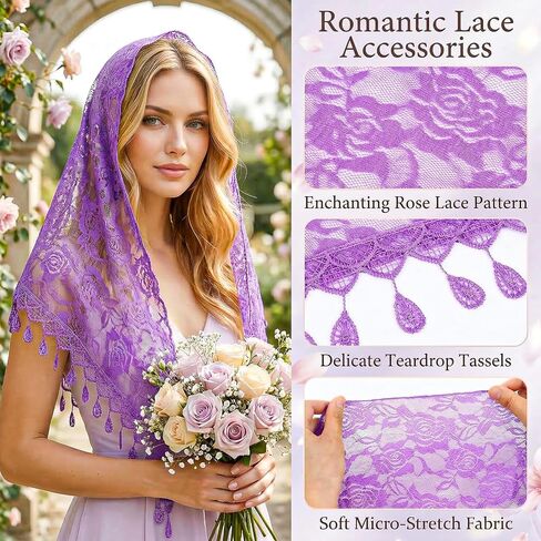 8 PCS Triangle Mantilla Veil Set: Floral Lace Chapel Veil with Tassel Edge, Lightweight Shawl Scarf for Women, Church Mass, Wedding, Daily Wear - 8 Colors in Saudi Arabia