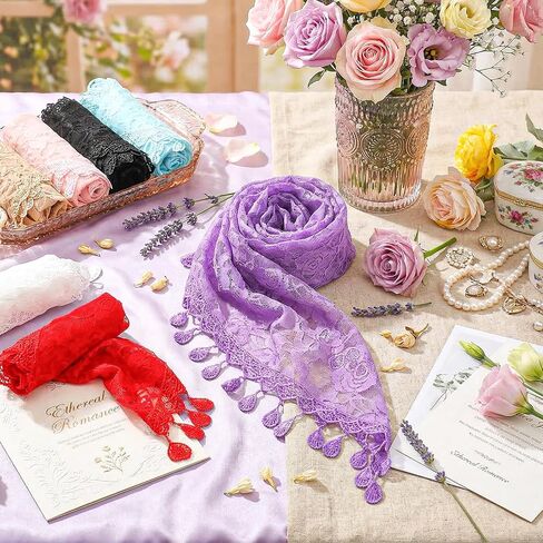 8 PCS Triangle Mantilla Veil Set: Floral Lace Chapel Veil with Tassel Edge, Lightweight Shawl Scarf for Women, Church Mass, Wedding, Daily Wear - 8 Colors in Saudi Arabia