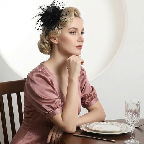 قبعة Molain Fascinators للنساء لحفلات الشاي، عصابة رأس شبكية من الريش ومشبك شعر عتيق لحفلات الكوكتيل والزفاف (أسود) in Kuwait