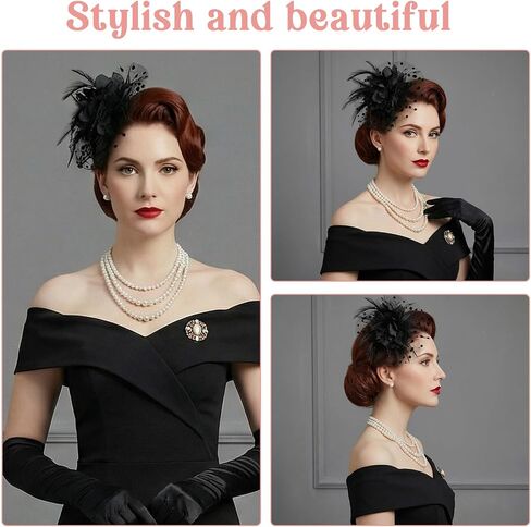 قبعة Molain Fascinators للنساء لحفلات الشاي، عصابة رأس شبكية من الريش ومشبك شعر عتيق لحفلات الكوكتيل والزفاف (أسود) in Kuwait