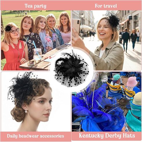 قبعة Molain Fascinators للنساء لحفلات الشاي، عصابة رأس شبكية من الريش ومشبك شعر عتيق لحفلات الكوكتيل والزفاف (أسود) in Kuwait
