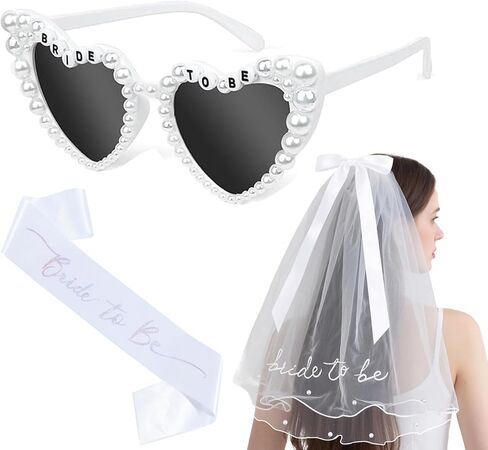 JoyChoi Bride to Be Set – Bride Sash, Heart Sunglasses & Pearl Bow Veil – Bachelorette Party Accessories, Bridal Shower Decorations, Engagement Favors & Wedding Gifts for Women in Saudi Arabia