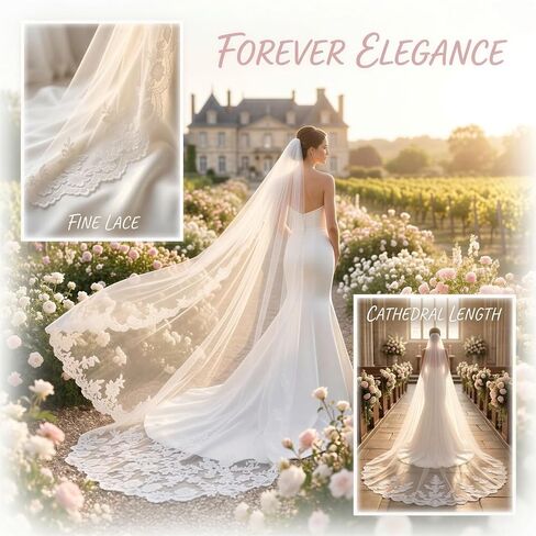 Cathedral Wedding Veil,9.8 Ft (118 in) Long Bridal Lace Veil for Women Wedding,Mantilla Tulle Veil with 3 Tier Lace Edge and Metal Comb,Lace Wedding Bridal Veil for Bride Hair Accessoies in Kuwait