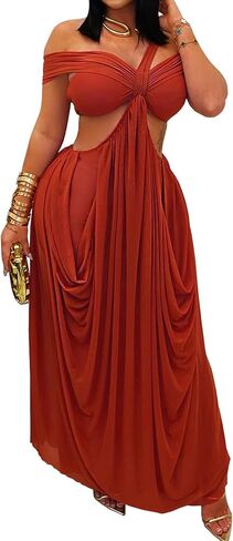Women's Off Shoulder Maxi Dress Sexy Sheer Mesh Cut Out Long Dresses Wedding Cocktail Party Clubwear in Saudi Arabia