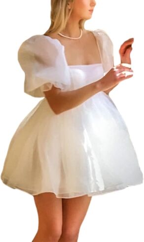 Women Off Shoulder Puff Sleeve Tulle Dress Square Neck Fairy Mini Dress Tie Dye Princess Party Prom Wedding Dress in Saudi Arabia