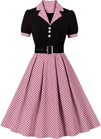 Notch Lapel Striped 50s Dress for Women Vintage Color Block 1950s Retro Cocktail Party A Line Rockabilly Tea Dress with Belt in Saudi Arabia