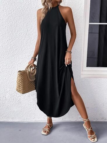 Women's Black Halter Midi Dress - Sleeveless Split Hem Loose Fit Casual Dress in Kuwait