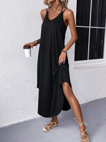 Women's Black Halter Midi Dress - Sleeveless Split Hem Loose Fit Casual Dress in Kuwait