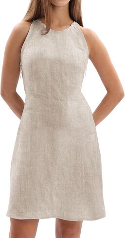 Amazhiyu Women's 100% Linen Summer Sleevelesss Crew Neck Mini Dresses Casual in Kuwait