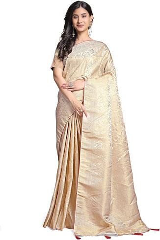Champagne Gold Banarasi Silk Saree for Women, Woven Zari Traditional Indian Party Wear Sari with Blouse Piece in Kuwait