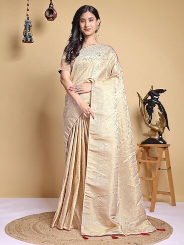 Champagne Gold Banarasi Silk Saree for Women, Woven Zari Traditional Indian Party Wear Sari with Blouse Piece in Kuwait