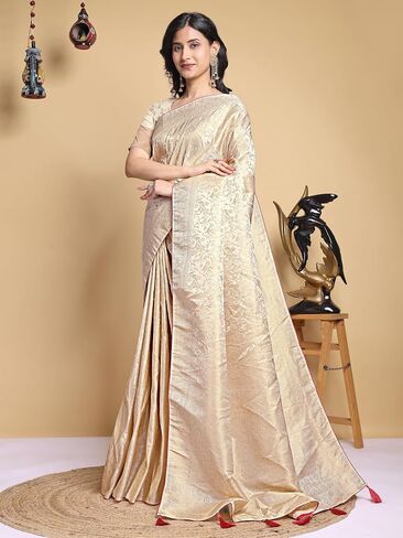 Champagne Gold Banarasi Silk Saree for Women, Woven Zari Traditional Indian Party Wear Sari with Blouse Piece in Kuwait