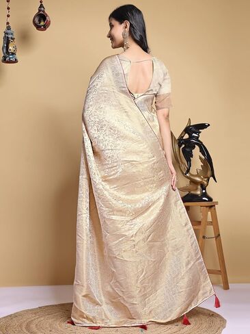 Champagne Gold Banarasi Silk Saree for Women, Woven Zari Traditional Indian Party Wear Sari with Blouse Piece in Kuwait