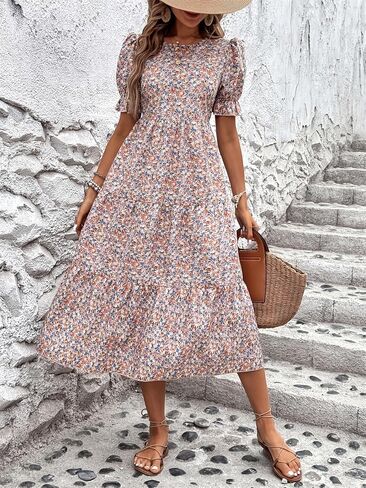 فستان نسائي متوسط ​​الطول برقبة دائرية وأكمام منتفخة، فستان Cottagecore Boho لحفلات الغداء والحفلات والحديقة in Kuwait