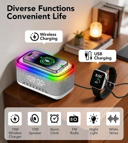 Bluetooth Speaker with Wireless Charging, Alarm Clock Radio for Bedrooms 6 in 1 Dimmable Digital Clock with FM Radio White Noise Charging Station RGB LED Night Light for iPhone Samsung in Saudi Arabia