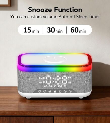 Bluetooth Speaker with Wireless Charging, Alarm Clock Radio for Bedrooms 6 in 1 Dimmable Digital Clock with FM Radio White Noise Charging Station RGB LED Night Light for iPhone Samsung in Saudi Arabia