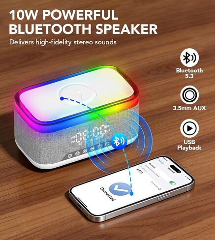 Bluetooth Speaker with Wireless Charging, Alarm Clock Radio for Bedrooms 6 in 1 Dimmable Digital Clock with FM Radio White Noise Charging Station RGB LED Night Light for iPhone Samsung in Saudi Arabia