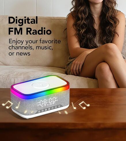 Bluetooth Speaker with Wireless Charging, Alarm Clock Radio for Bedrooms 6 in 1 Dimmable Digital Clock with FM Radio White Noise Charging Station RGB LED Night Light for iPhone Samsung in Saudi Arabia