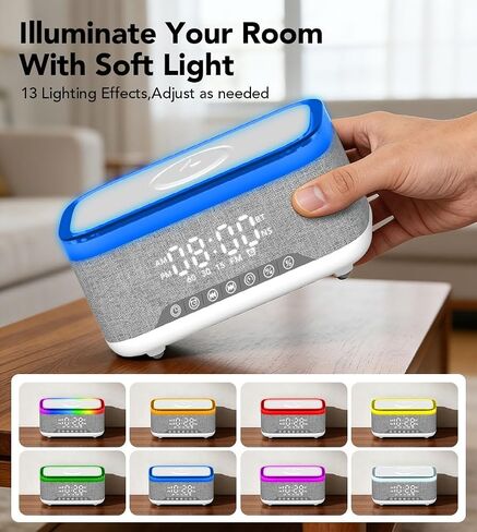 Bluetooth Speaker with Wireless Charging, Alarm Clock Radio for Bedrooms 6 in 1 Dimmable Digital Clock with FM Radio White Noise Charging Station RGB LED Night Light for iPhone Samsung in Saudi Arabia