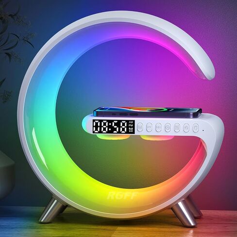 Smart LED Table Lamp,4-in-1 Wireless Charger with Speaker,Night Light, Alarm Clock, and Bluetooth Speaker with App Control for Bedroom and Home Decor (White) in Saudi Arabia