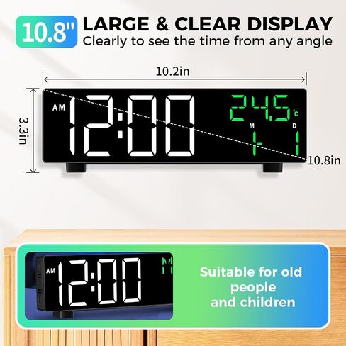 Digital Clock, Digital Wall Clock for Living Room Decor, Large Display with Date Temperature & Week, Auto Dimmable LED for Bedroom, Living Room, Office, Electric Plug in with Adjustable Alarm, DST in Saudi Arabia