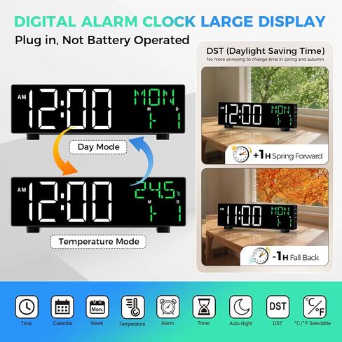 Digital Clock, Digital Wall Clock for Living Room Decor, Large Display with Date Temperature & Week, Auto Dimmable LED for Bedroom, Living Room, Office, Electric Plug in with Adjustable Alarm, DST in Saudi Arabia