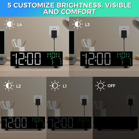 Digital Clock, Digital Wall Clock for Living Room Decor, Large Display with Date Temperature & Week, Auto Dimmable LED for Bedroom, Living Room, Office, Electric Plug in with Adjustable Alarm, DST in Saudi Arabia