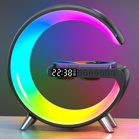 Smart LED Table Lamp,4-in-1 Wireless Charger with Speaker,Night Light, Alarm Clock, and Bluetooth Speaker with App Control for Bedroom and Home Decor (White) in Kuwait