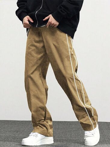 Teen Boys Track Pants with White Side Stripes, Elastic Waist Loose Straight‑Leg Casual Trousers in Kuwait