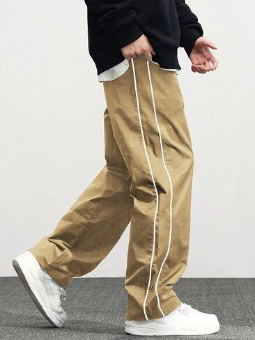 Teen Boys Track Pants with White Side Stripes, Elastic Waist Loose Straight‑Leg Casual Trousers in Kuwait