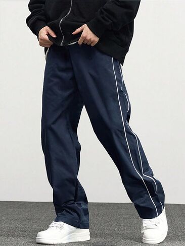 Teen Boys Track Pants with White Side Stripes, Elastic Waist Loose Straight‑Leg Casual Trousers in Kuwait