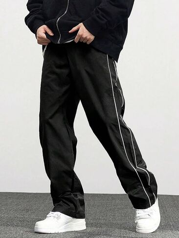 Teen Boys Track Pants with White Side Stripes, Elastic Waist Loose Straight‑Leg Casual Trousers in Kuwait