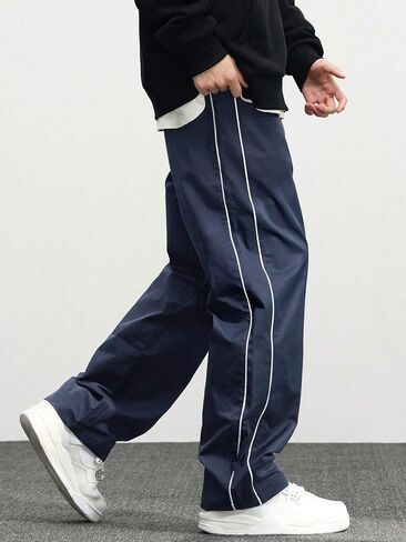 Teen Boys Track Pants with White Side Stripes, Elastic Waist Loose Straight‑Leg Casual Trousers in Kuwait